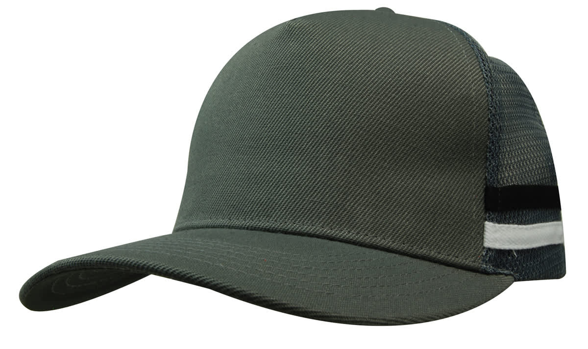 American Premium Twill/Mesh Deep Fit Trucker with Stripes HE-3995 A deep fit trucker cap in grey with mesh sides and striped detailing on the back. Features a logo on the front.