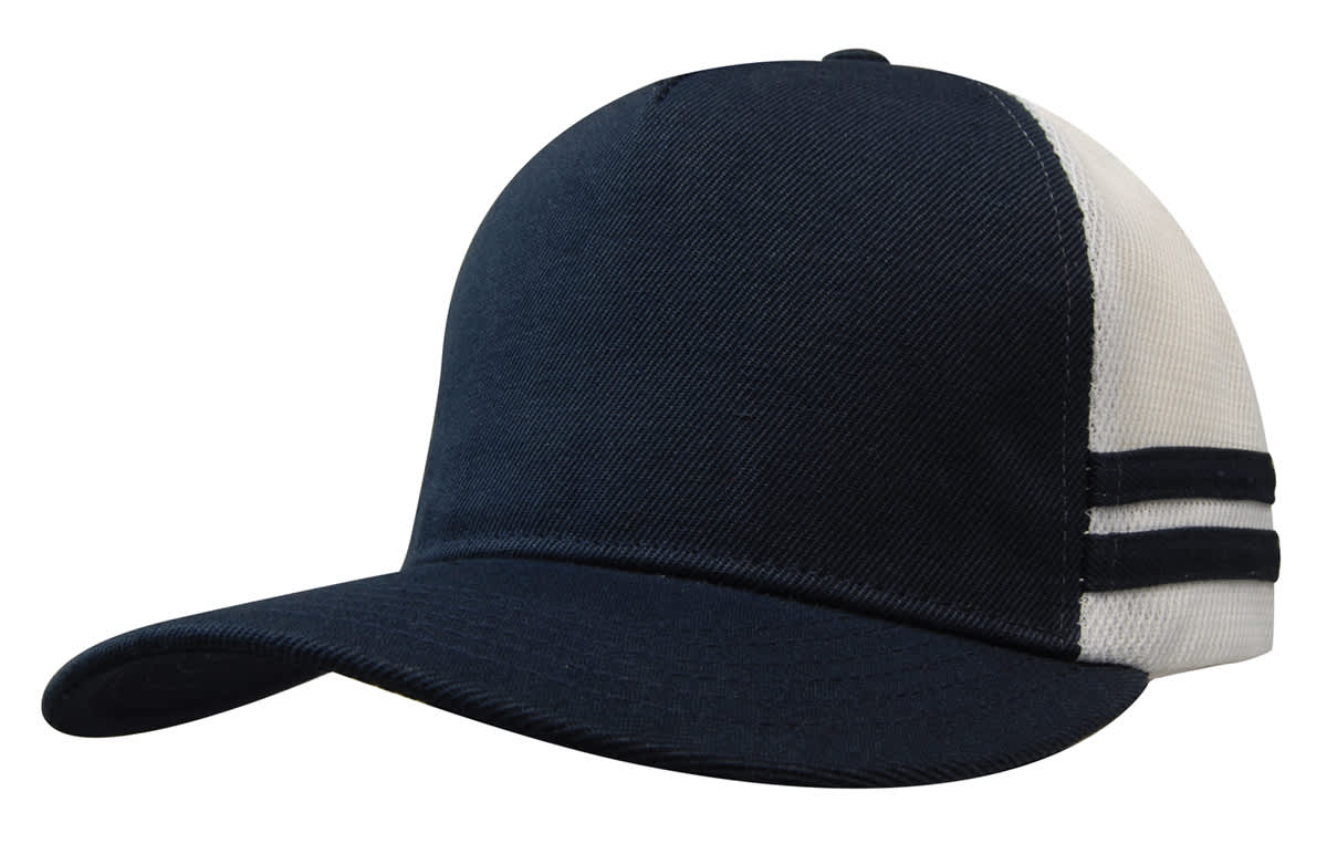 American Premium Twill/Mesh Deep Fit Trucker with Stripes HE-3995 A navy twill and mesh trucker cap featuring striped details on the side and a structured fit.