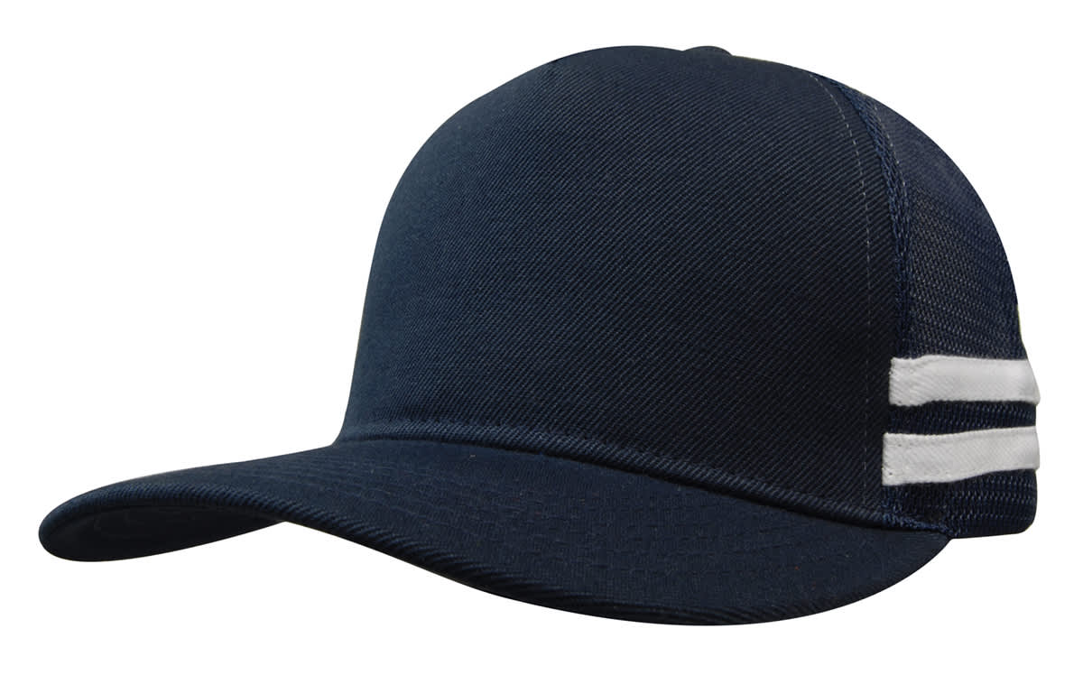 American Premium Twill/Mesh Deep Fit Trucker with Stripes HE-3995 A deep fit navy trucker cap featuring a twill front and mesh sides with white stripes. Includes a logo on the front.