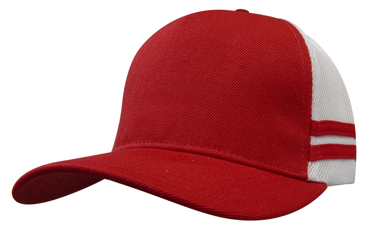 American Premium Twill/Mesh Deep Fit Trucker with Stripes HE-3995 A red trucker cap with white mesh sides and striped detailing, featuring a branded logo.