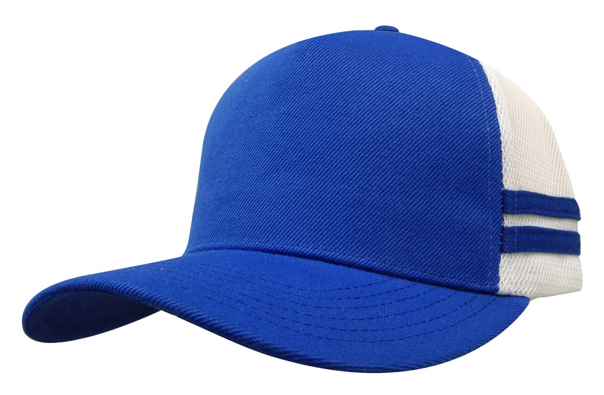 American Premium Twill/Mesh Deep Fit Trucker with Stripes HE-3995 A blue trucker cap featuring a mesh back and three white stripes on the side, including a logo.