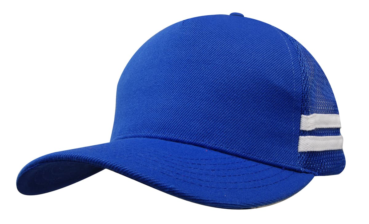 American Premium Twill/Mesh Deep Fit Trucker with Stripes HE-3995 A blue trucker cap with a mesh back and white stripes, featuring a logo on the front.
