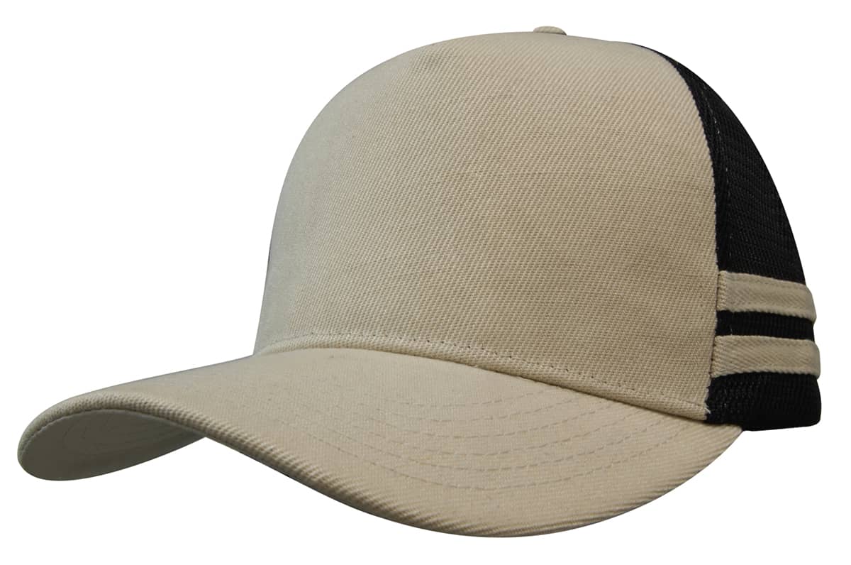 American Premium Twill/Mesh Deep Fit Trucker with Stripes HE-3995 A beige trucker cap with a black mesh back and three striped accents. Features a curved brim and a logo.