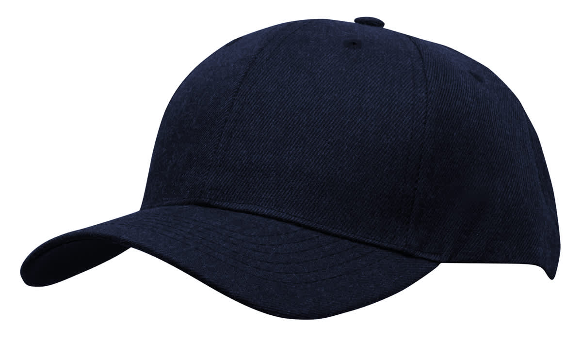 Premium American Twill Cap HE-4000 A navy blue Premium American Twill Cap featuring a curved brim and a logo on the side.