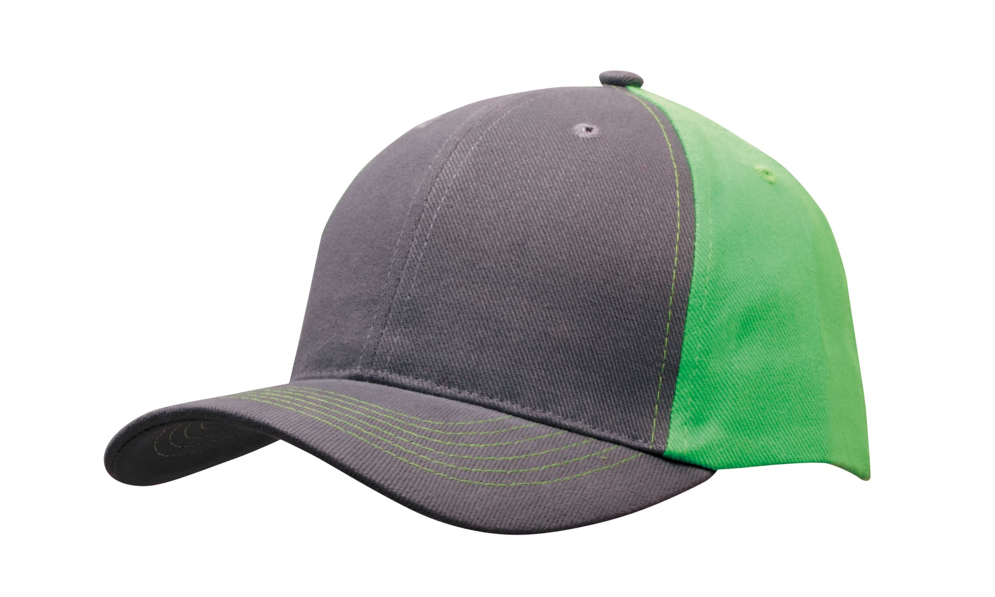 Brushed Heavy Cotton Contrast Cap HE-4001 A grey and bright green cap with contrasting stitching and a logo on the front.
