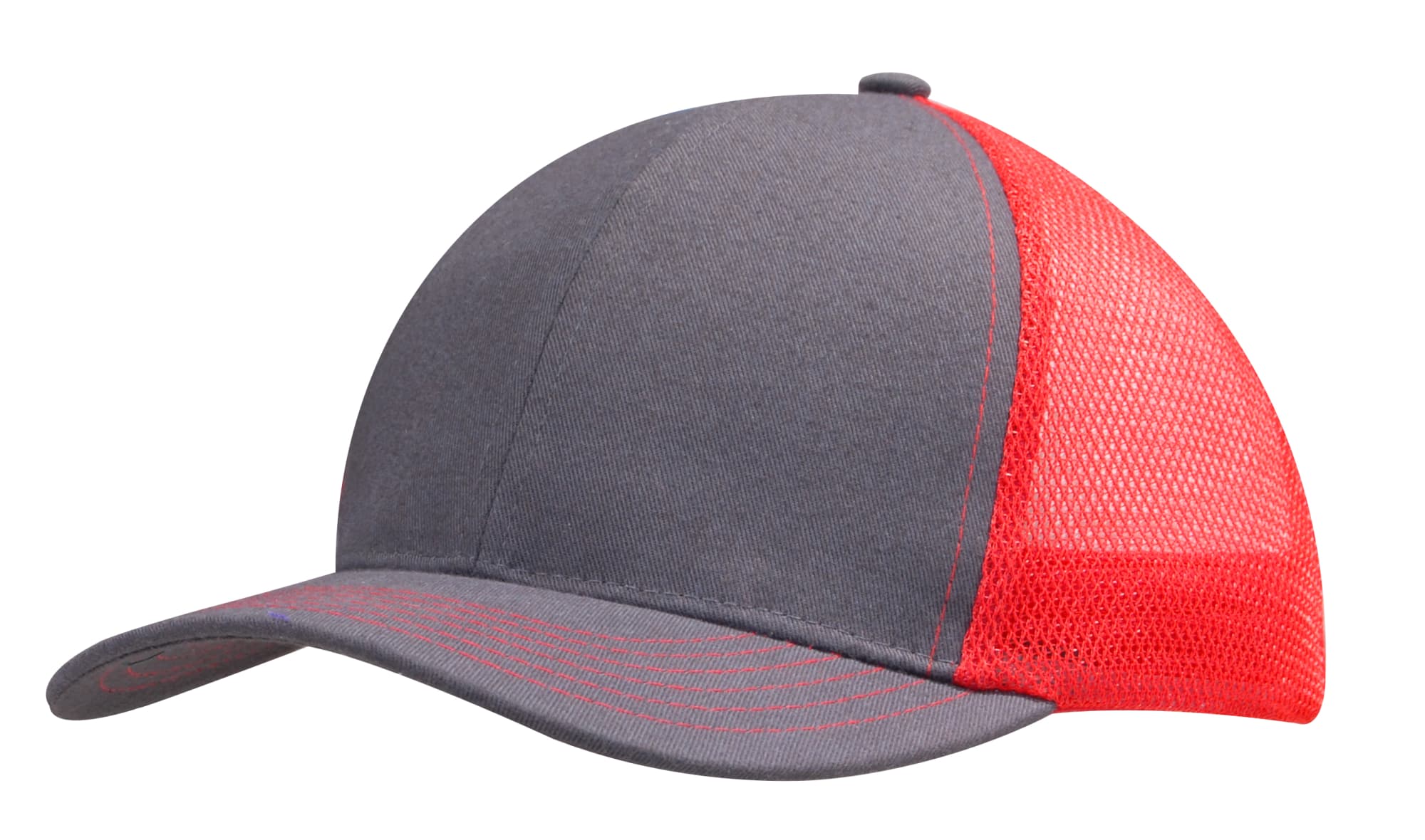 Brushed Cotton with Mesh Back Cap HE-4002 A grey cap with a red mesh back and a curved brim, featuring a logo on the front.