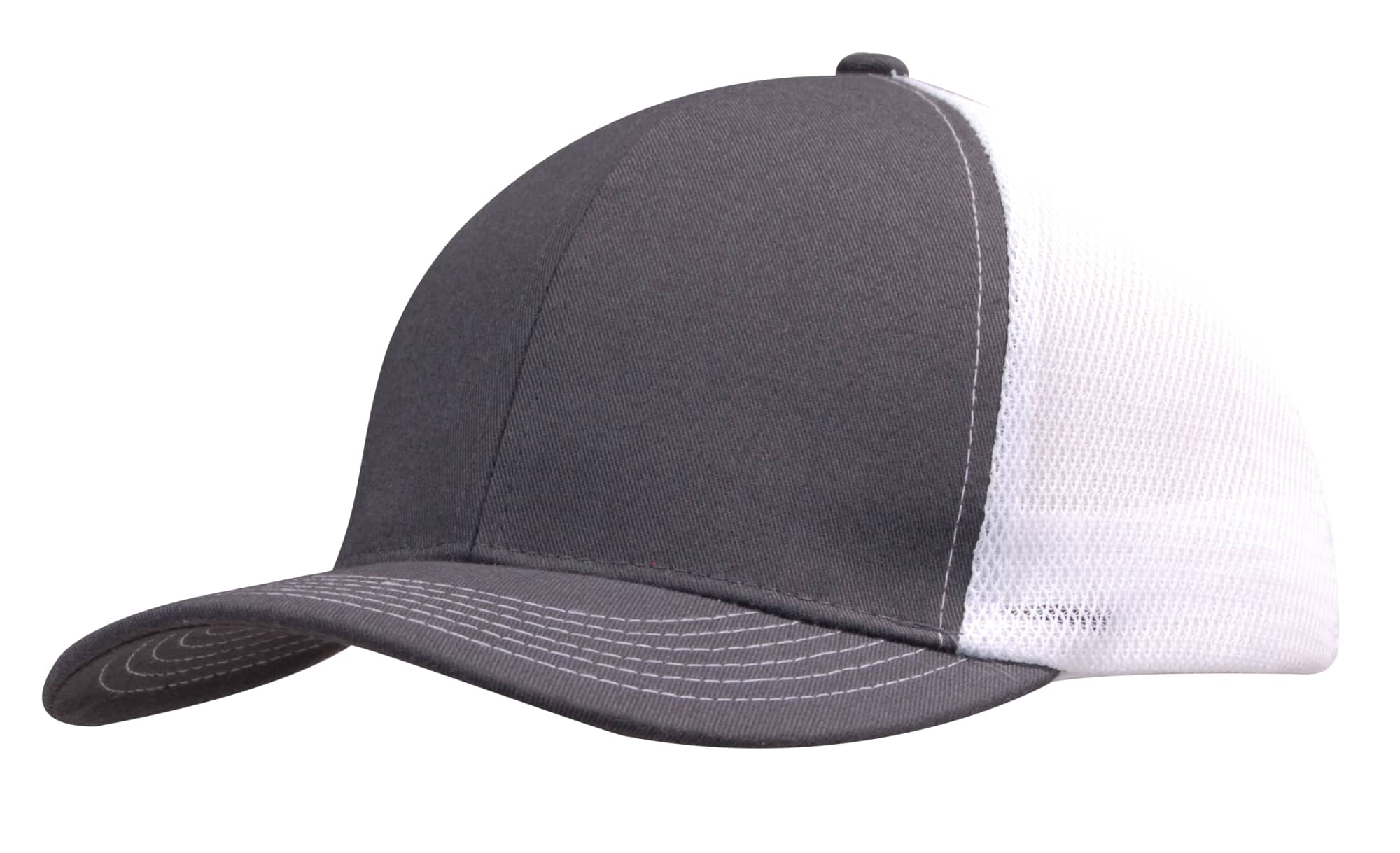 Brushed Cotton with Mesh Back Cap HE-4002 A grey brushed cotton cap with a white mesh back, featuring a curved brim and a logo on the front.
