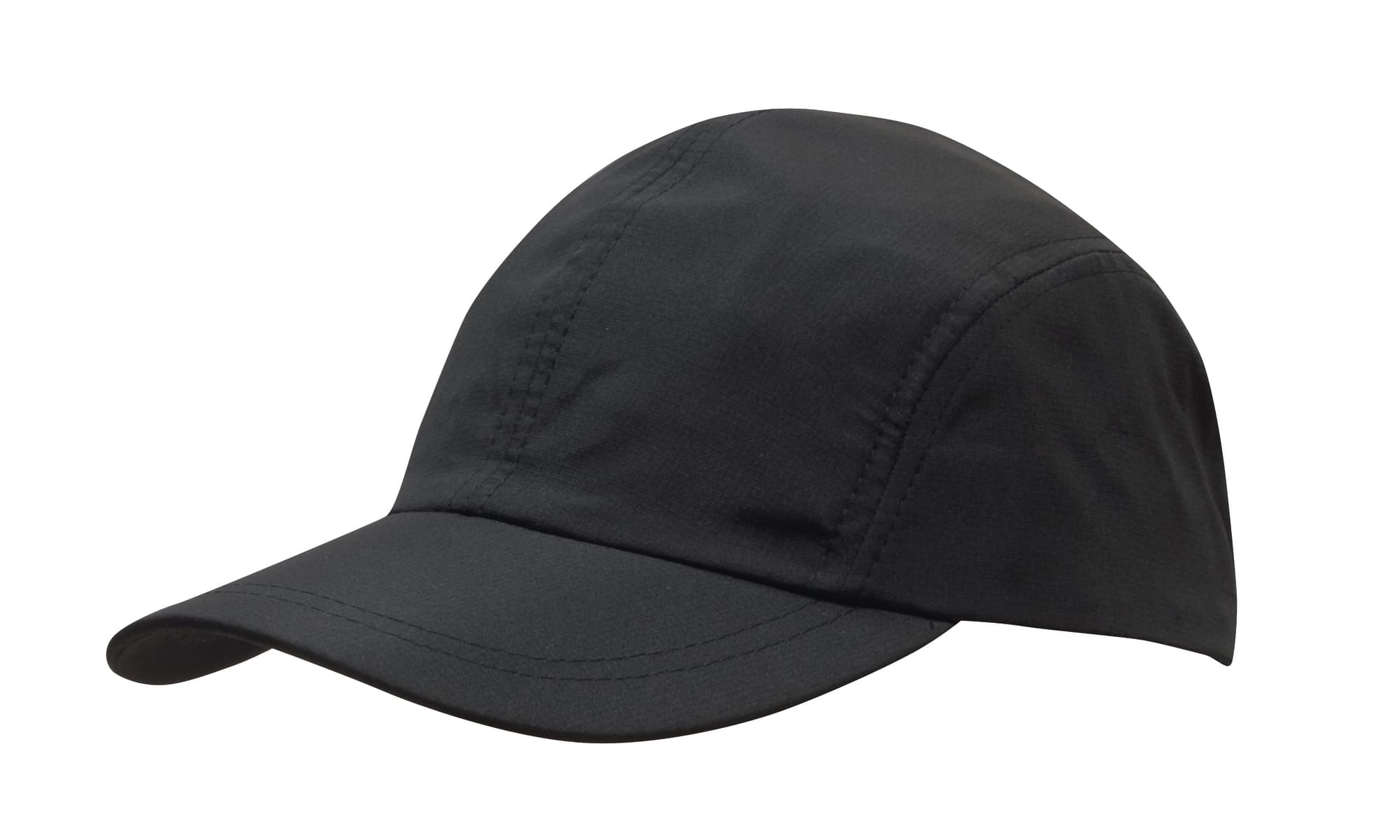 Sports Ripstop with Towelling Sweatband HE-4005 A black sports cap made from ripstop fabric, featuring a curved brim and an integrated towelling sweatband.