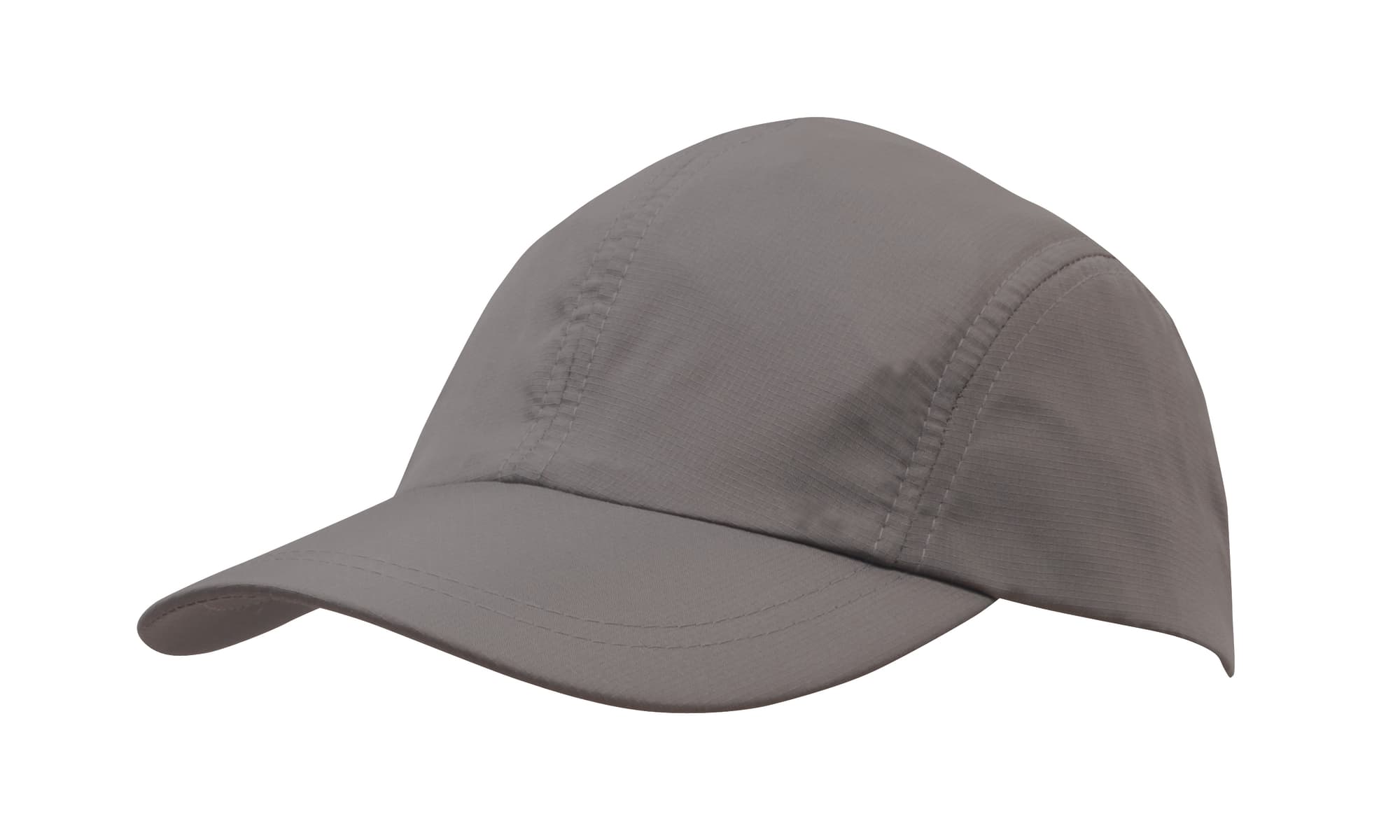 Sports Ripstop with Towelling Sweatband HE-4005 A grey sports cap with a curved peak and a logo on the front. The fabric is lightweight and features ripstop material.