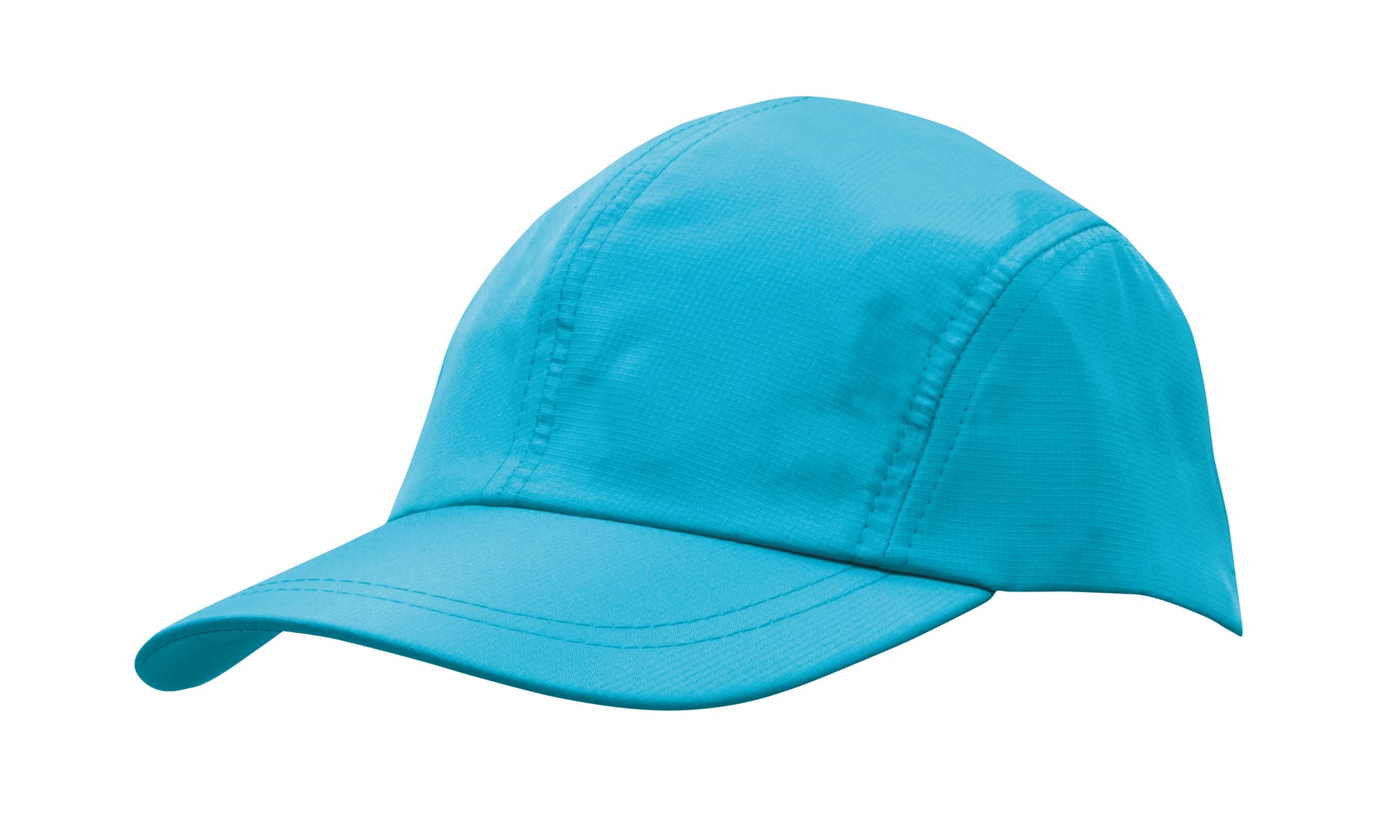 Sports Ripstop with Towelling Sweatband HE-4005 A turquoise cap with a curved brim, designed for sports, featuring a lightweight ripstop fabric and a logo.