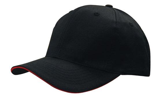 Breathable Poly Twill with Sandwich Trim HE-4009 A black cap with a red sandwich trim and a logo on the front. Features breathable poly twill fabric.
