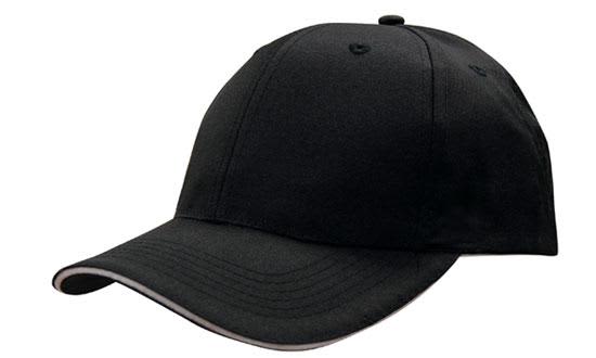 Breathable Poly Twill with Sandwich Trim HE-4009 A black breathable poly twill cap with sandwich trim featuring a curved visor and a logo.