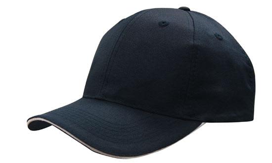 Breathable Poly Twill with Sandwich Trim HE-4009 A navy cap with a breathable poly twill material and sandwich trim, featuring a logo.
