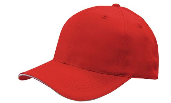 Breathable Poly Twill with Sandwich Trim HE-4009 A red cap with a sandwich trim, featuring a structured crown and a curved brim. It includes a logo.