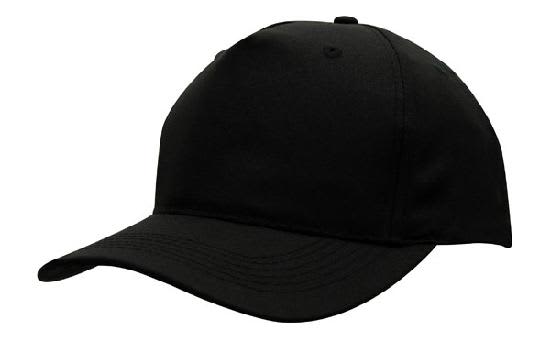 Breathable Poly Twill Cap HE-4011 A black breathable poly twill cap with a curved brim and a logo on the front.
