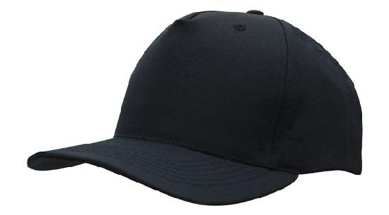 Breathable Poly Twill Cap HE-4011 A black breathable poly twill cap featuring a structured front and a curved peak, with a logo on the side.