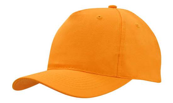 Breathable Poly Twill Cap HE-4011 An orange breathable poly twill cap with a curved brim and a logo on the front.