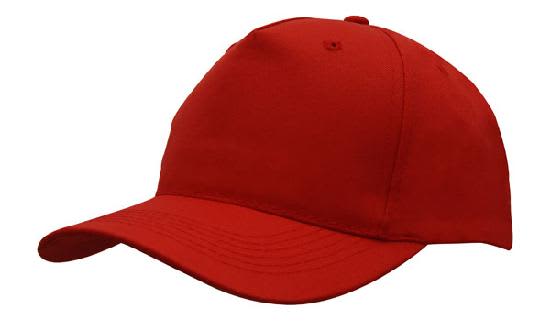 Breathable Poly Twill Cap HE-4011 A red poly twill cap with a curved brim and an adjustable strap at the back. It features a logo.
