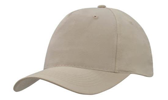 Breathable Poly Twill Cap HE-4011 A breathable poly twill cap in a light beige colour, featuring a curved brim and a logo.