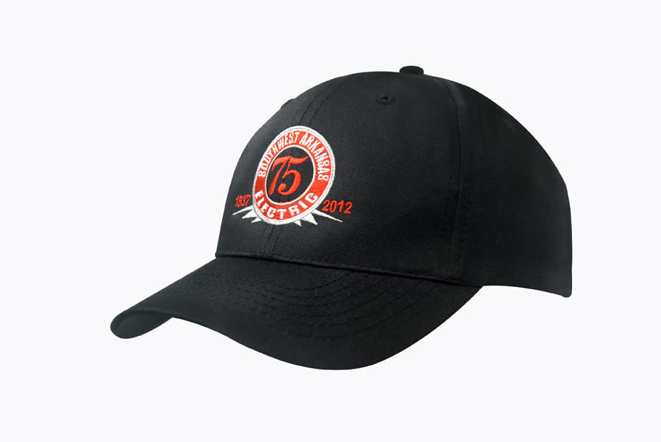 Breathable Poly Twill Cap HE-4012 A black breathable poly twill cap featuring a circular logo design in red and white.
