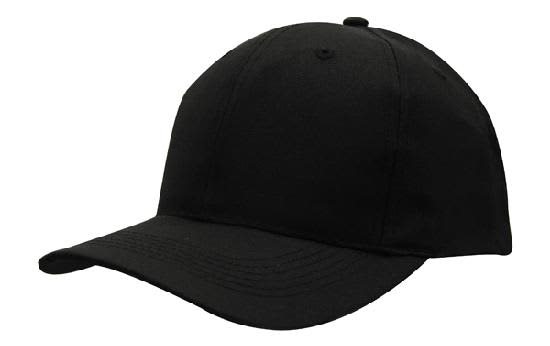 Breathable Poly Twill Cap HE-4012 A black breathable poly twill cap with a curved peak and a simple design. Features a logo on the side.