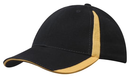 Brushed Heavy Cotton with Inserts on the Peak & Crown HE-4014 A black cap with yellow inserts on the peak and crown, featuring a logo.