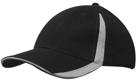Brushed Heavy Cotton with Inserts on the Peak & Crown HE-4014 A black cap featuring a grey insert on the peak and crown, with a logo on the front.