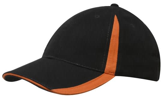 Brushed Heavy Cotton with Inserts on the Peak & Crown HE-4014 A black cap with orange inserts on the peak and crown, featuring a logo on the front.