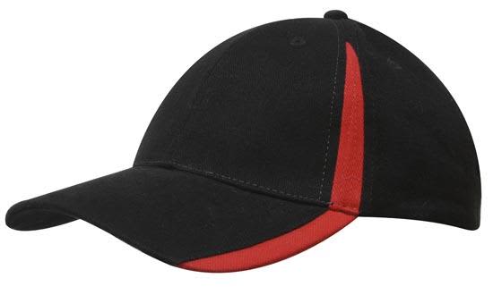 Brushed Heavy Cotton with Inserts on the Peak & Crown HE-4014 A black cap with a red insert on the peak and crown, featuring a logo.