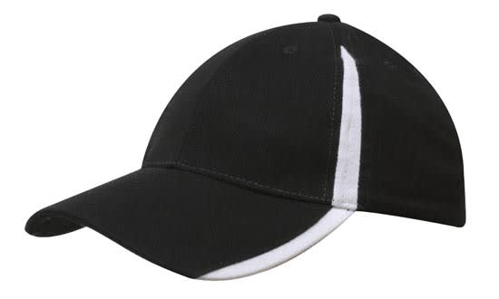Brushed Heavy Cotton with Inserts on the Peak & Crown HE-4014 A black cap with white inserts on the peak and crown, featuring a logo.