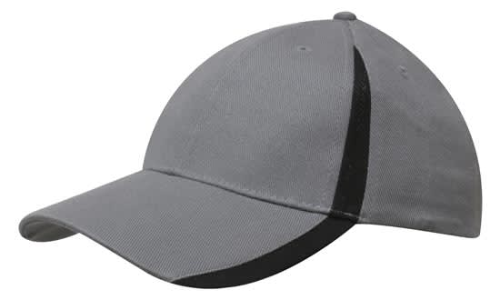 Brushed Heavy Cotton with Inserts on the Peak & Crown HE-4014 A grey cap with inserts on the peak and crown, featuring a black accent and a logo.