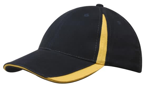 Brushed Heavy Cotton with Inserts on the Peak & Crown HE-4014 A black cap with yellow inserts on the peak and crown, featuring a logo.