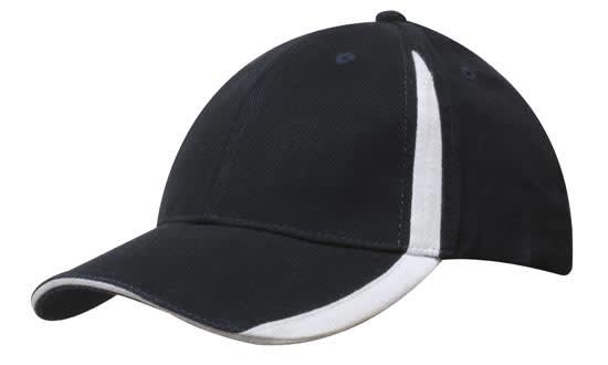 Brushed Heavy Cotton with Inserts on the Peak & Crown HE-4014 A black cap with white inserts on the peak and crown, featuring a logo.