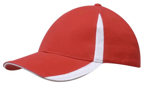 Brushed Heavy Cotton with Inserts on the Peak & Crown HE-4014 A red cap with white inserts on the peak and crown, featuring a logo. Made from brushed heavy cotton.