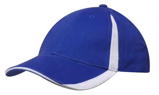 Brushed Heavy Cotton with Inserts on the Peak & Crown HE-4014 A blue cap with white inserts on the peak and crown, featuring a logo on the front.