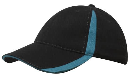 Brushed Heavy Cotton with Inserts on the Peak & Crown HE-4014 A black cap with turquoise inserts on the peak and crown, featuring a logo.