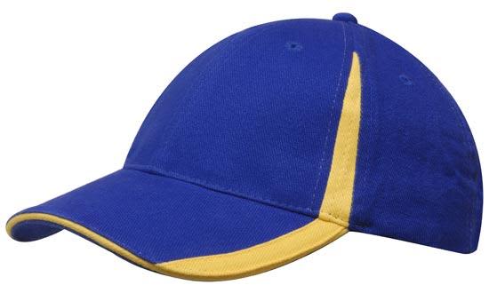 Brushed Heavy Cotton with Inserts on the Peak & Crown HE-4014 A blue cap with a yellow insert on the peak and crown, featuring a logo.