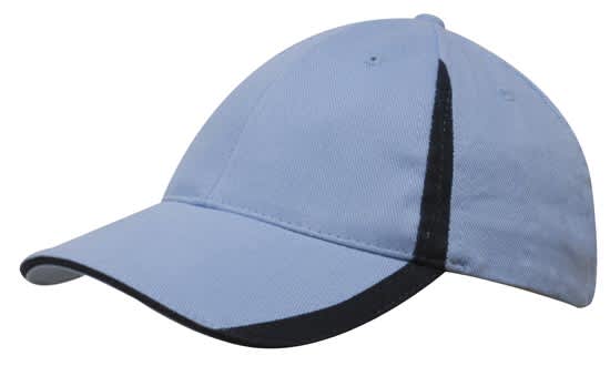 Brushed Heavy Cotton with Inserts on the Peak & Crown HE-4014 A light blue cap with black inserts on the peak and crown, featuring a logo.