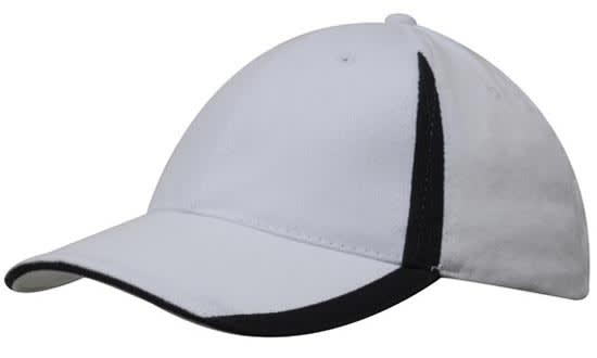 Brushed Heavy Cotton with Inserts on the Peak & Crown HE-4014 A white cap with black inserts on the peak and crown, featuring a logo.