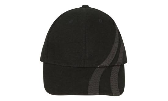 Brushed Heavy Cotton with Tyre Tracks HE-4015 A black cap featuring tyre track designs, made of brushed heavy cotton, with a logo on the front.