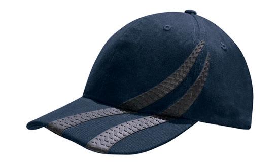 Brushed Heavy Cotton with Tyre Tracks HE-4015 A navy cap featuring tyre track designs on the front panels. It has a logo on it as well.
