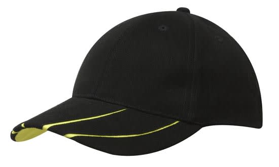 Brushed Heavy Cotton with Hi-Vis Laminated Two-Tone Peak HE-4019 A black cap with hi-vis laminated yellow accents on the peak, featuring a logo.