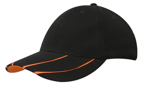 Brushed Heavy Cotton with Hi-Vis Laminated Two-Tone Peak HE-4019 A black cap featuring hi-vis laminated orange accents and a curved peak. The cap has a logo on it.