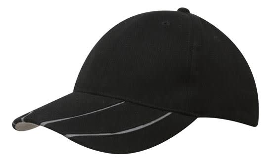 Brushed Heavy Cotton with Hi-Vis Laminated Two-Tone Peak HE-4019 A black cap featuring a hi-vis laminated two-tone peak and a logo on the front.