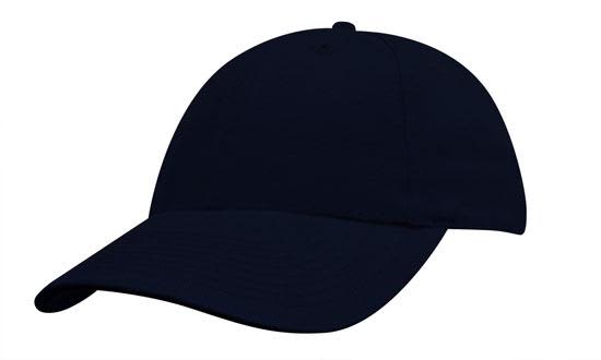 Brushed Heavy Cotton Youth Size HE-4040 A navy blue cap with a curved brim and an adjustable strap at the back, featuring a logo.