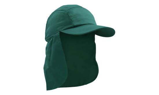 Poly Cotton Legionnaire HE-4057 A dark green legionnaire cap with a wide brim and neck flap, featuring a logo on the front.