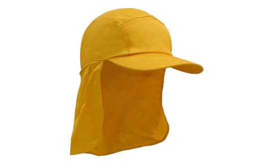 Poly Cotton Legionnaire HE-4057 A yellow legionnaire cap featuring a wide brim and neck flap for added protection. It has a branding logo.