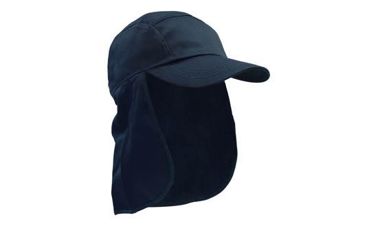 Poly Cotton Legionnaire HE-4057 A navy blue cap with a wide flap at the back, featuring a logo on the front.