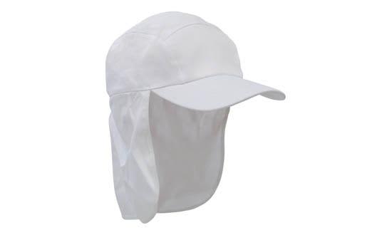 Poly Cotton Legionnaire HE-4057 A white Poly Cotton Legionnaire cap featuring a wide brim and neck flap for protection. It has a logo on it.