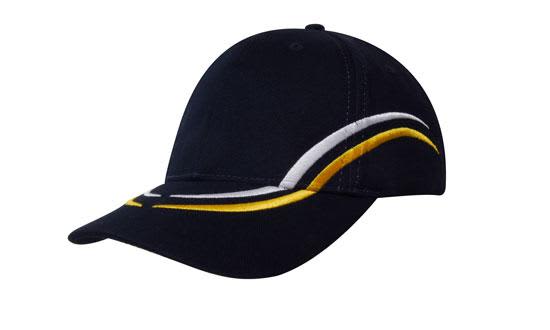 Brushed Heavy Cotton with Curved Embroidery on Crown and Peak HE-4075 A navy cap featuring curved embroidery in white and yellow on the crown and peak, complete with a logo.